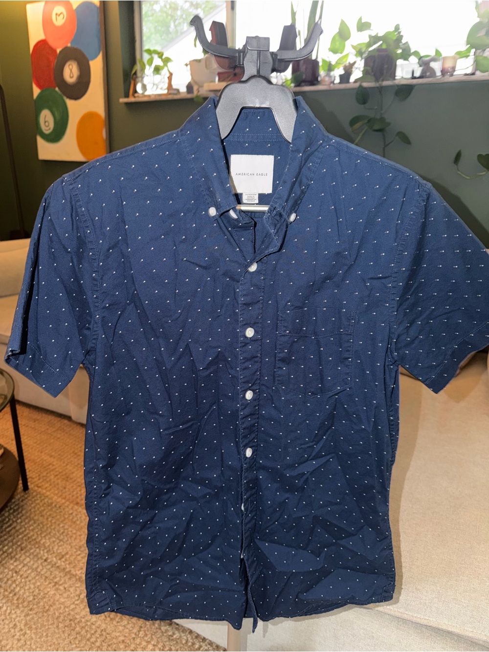 American Eagle Outfitters Navy Short-Sleeve Button-Down with Micro Dot Print
